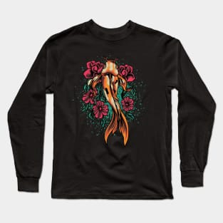 Retro Koi Fish and Red Flowers Long Sleeve T-Shirt